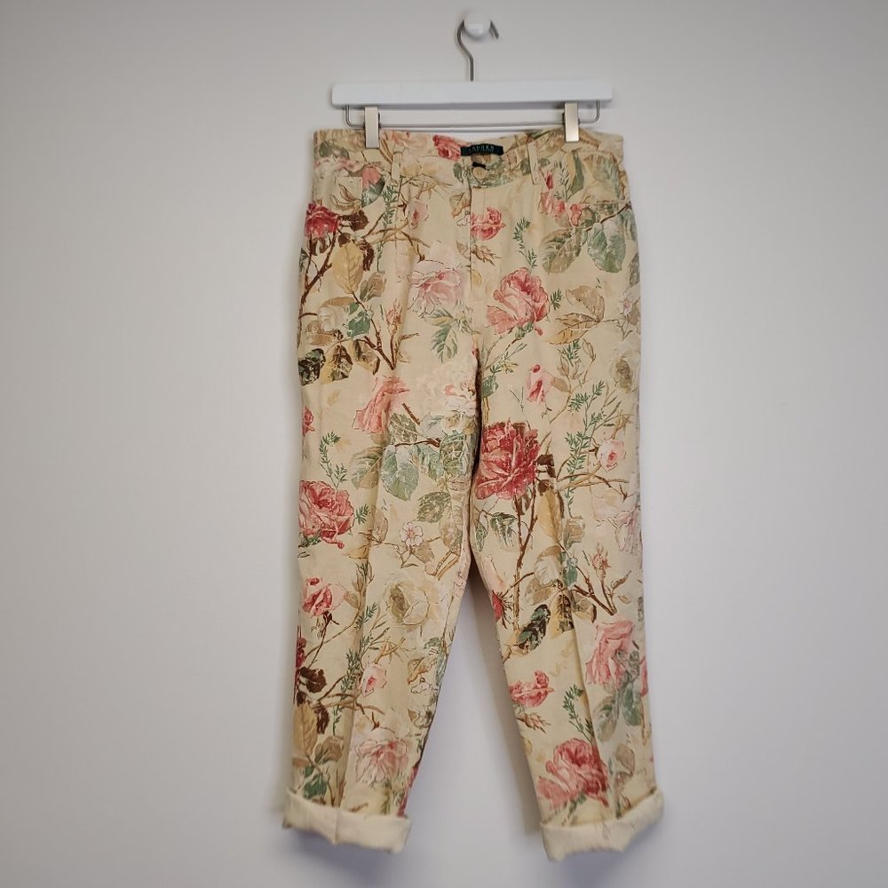 90s Lauren Ralph Lauren Floral Linen Pants Hi-Rise - Picture 2 of 6